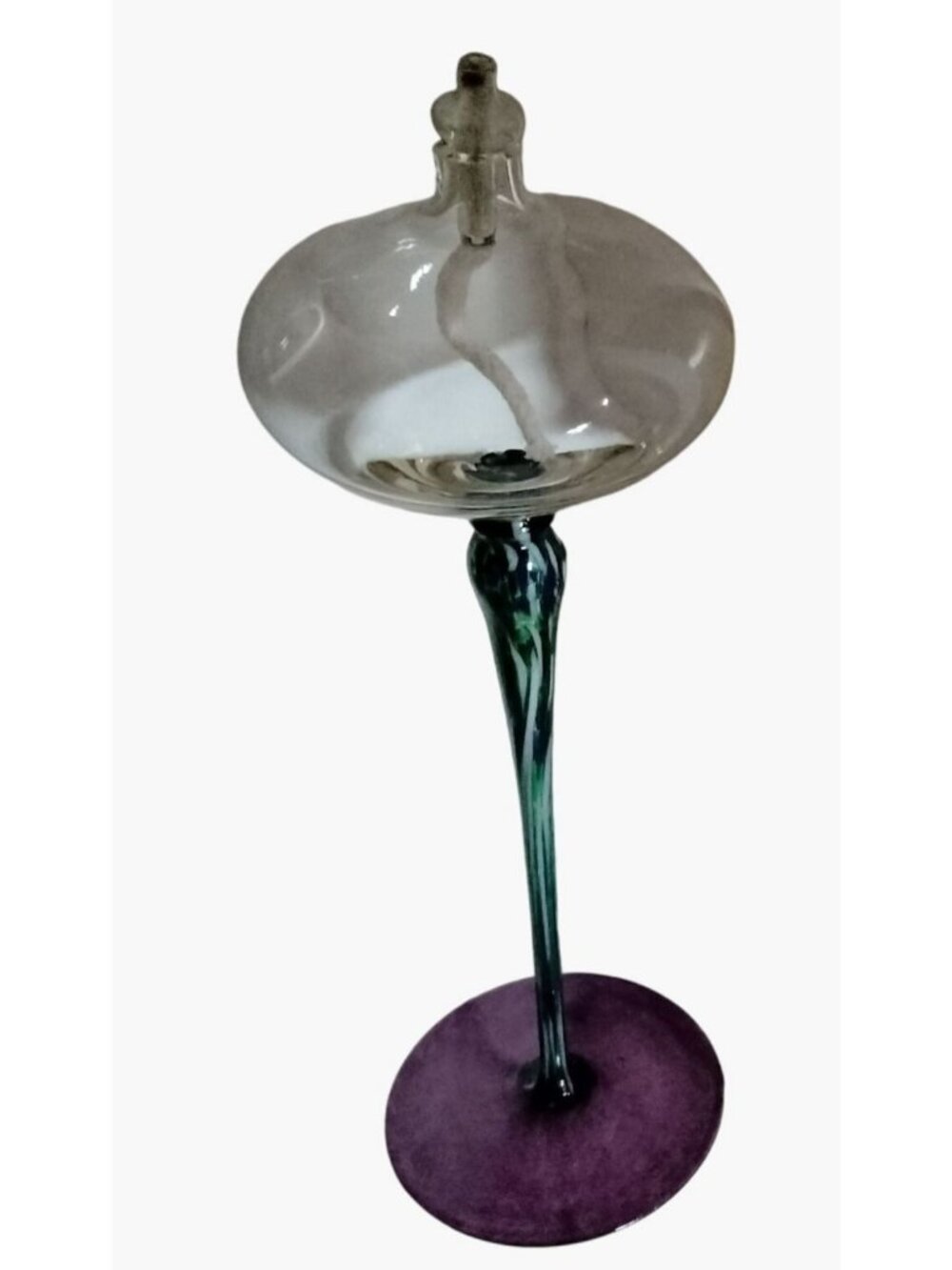 Artisan Glass Oil Candle Purple Base Green Swirled Stem Tall 12 inch